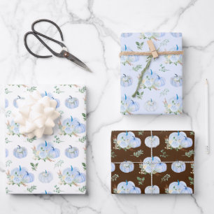 Feuille De Papier Cadeau Floral Citrouille bleu
