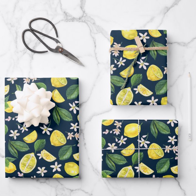 Feuille De Papier Cadeau Floral de citron bleu marine (Recto)