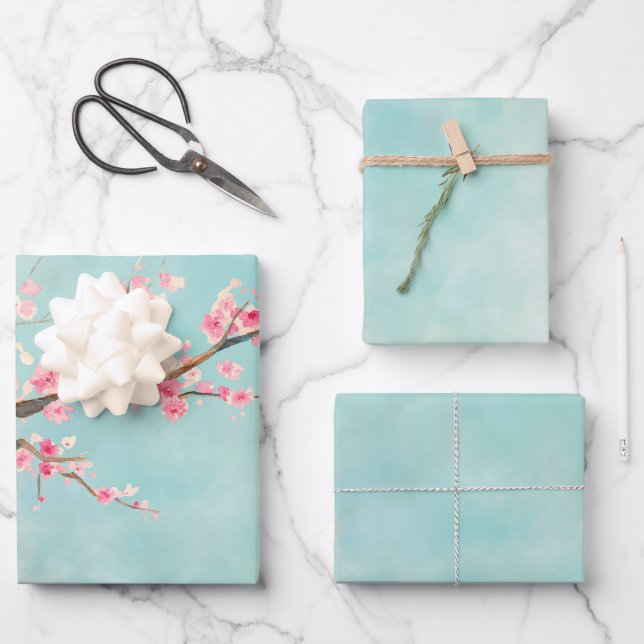 Feuille De Papier Cadeau Floral de fleurs de cerisiers roses d'Aqua        (Recto)