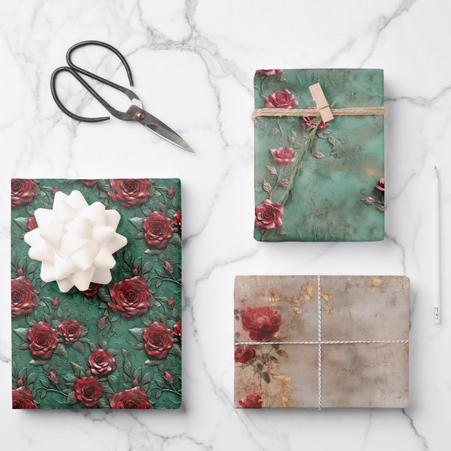 Feuille De Papier Cadeau Floral de Roses rouges vertes (Recto)