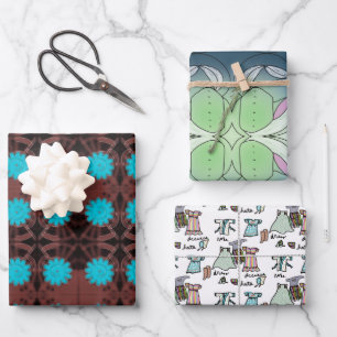 Feuille De Papier Cadeau floral et vêtements ludiques, bleu clair et marron