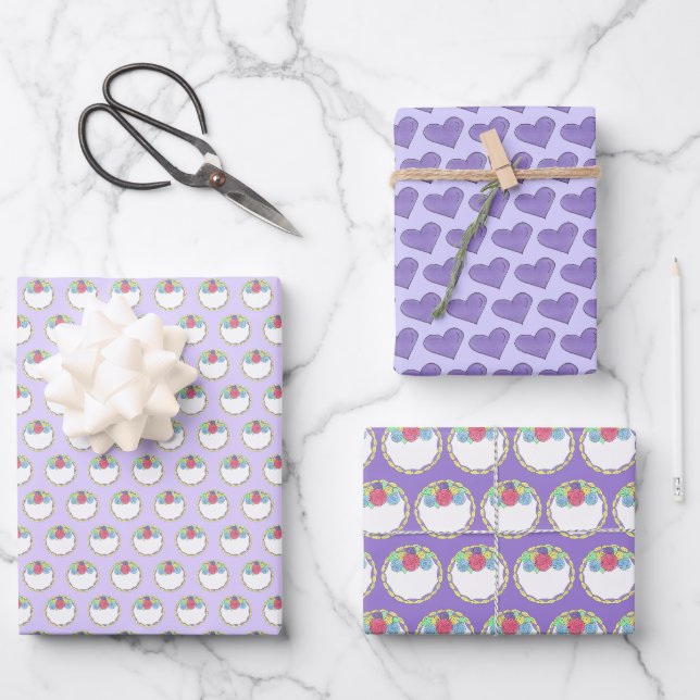 Feuille De Papier Cadeau Floral Fondant Mariage Rose Gâteau Purple Coeur (Recto)