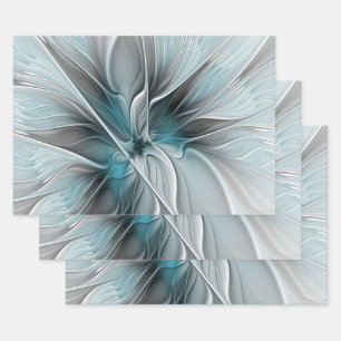 Feuille De Papier Cadeau Floral Fractal Moderne Fleur Abstrait gris bleu