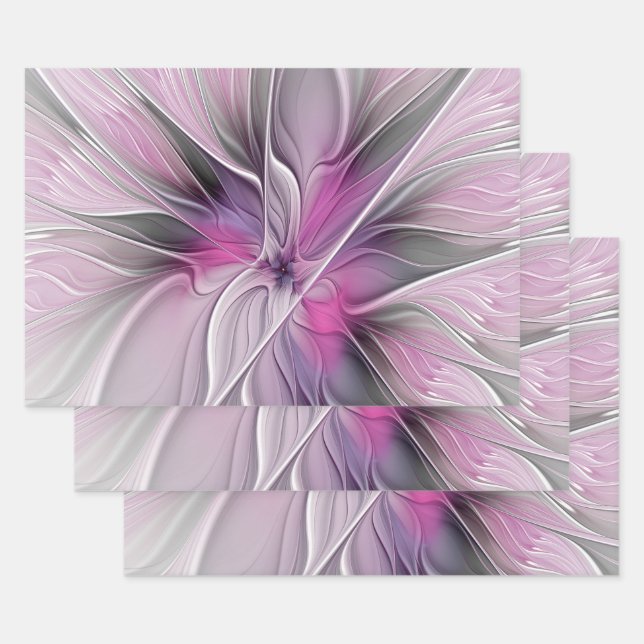 Feuille De Papier Cadeau Floral Fractal moderne Fleur Abstraite rose gris (Lot)