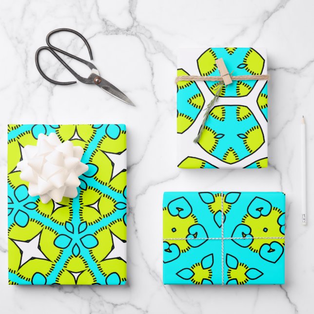 Feuille De Papier Cadeau Floral géométrique Turquoise, Jaune, Blanc & Noir (Recto)