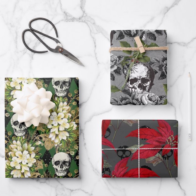 Feuille De Papier Cadeau Floral gothique Grunge Motif crâne de Noël (Recto)
