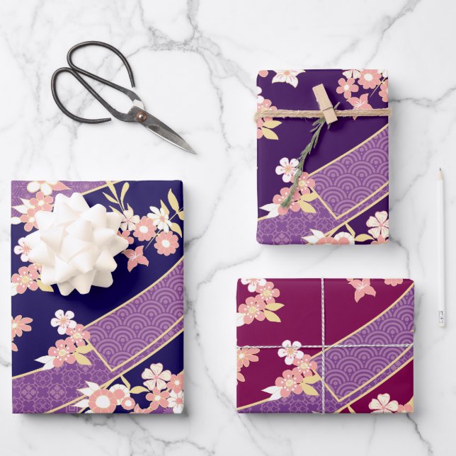 Feuille De Papier Cadeau Floral Kimono Motif Violet (Recto)