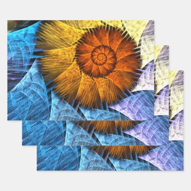 Feuille De Papier Cadeau Floral Orange Bleu Jaune Art Abstrait (Lot)