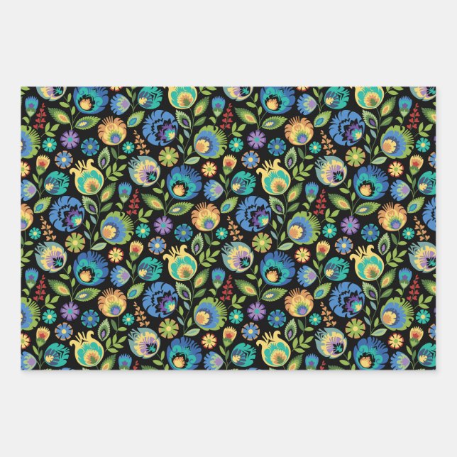 Feuille De Papier Cadeau Floral polonais Wycinanki sur noir (Devant)