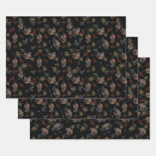 Feuille De Papier Cadeau Floral Raccoons mignon couchant Motif