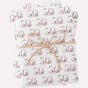 Feuille De Papier Cadeau Floral rose 50e anniversaire