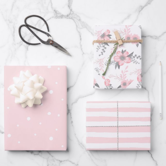 Feuille De Papier Cadeau Floral rose, rayures et Pois (Recto)
