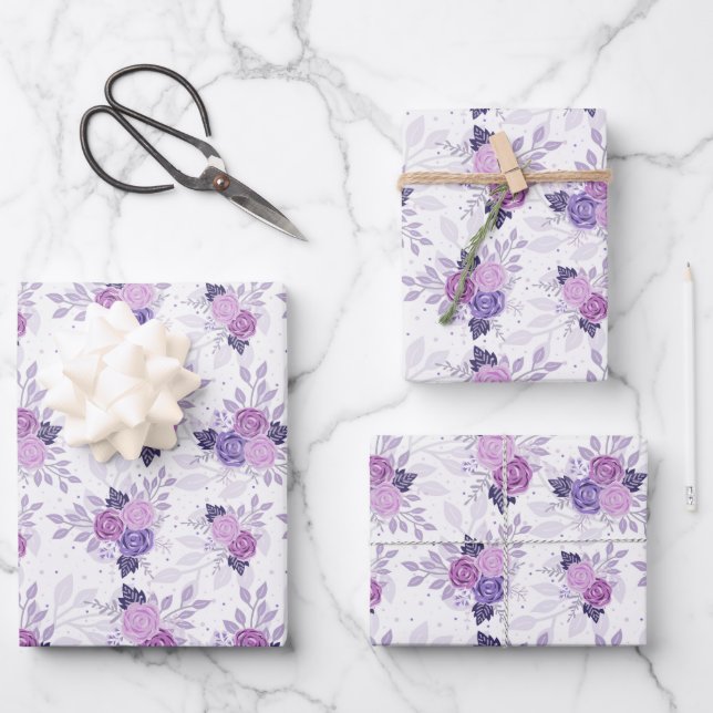 Feuille De Papier Cadeau Floral rose violet Élégante Fleurs Féminines (Recto)