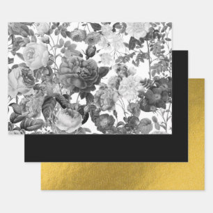 Feuille De Papier Cadeau Floral Vintage noir, blanc et or