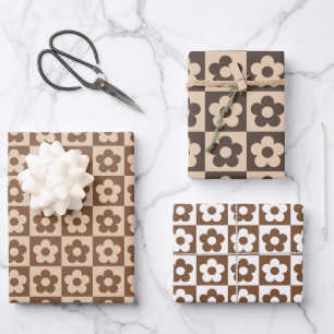 Feuille De Papier Cadeau Flore beige Brown À damiers rétro