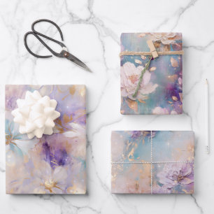 Feuille De Papier Cadeau Flore bleu violet d'or blanc