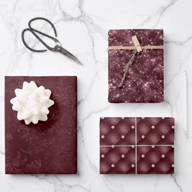 Feuille De Papier Cadeau Flore de Bourgogne rouge profonde (Recto)