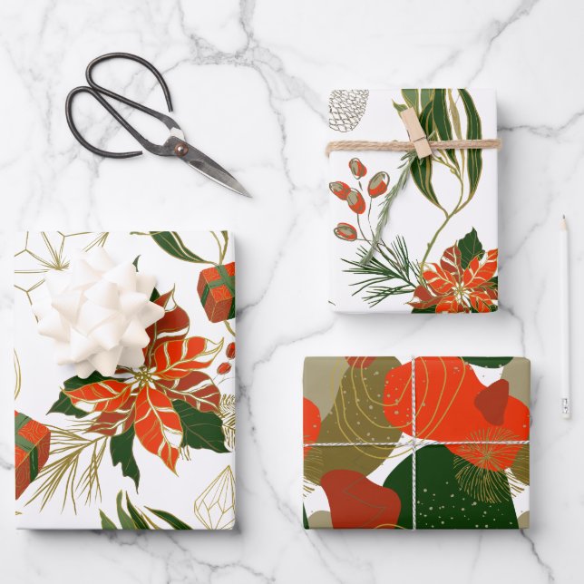 Feuille De Papier Cadeau Flore de Noël moderne Verdure (Recto)