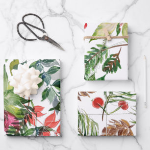 Feuille De Papier Cadeau Flore de Noël moderne Verdure