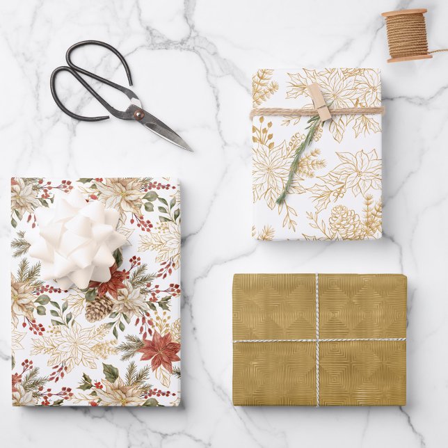 Feuille De Papier Cadeau Flore de Noël rouge or (Créateur téléchargé)