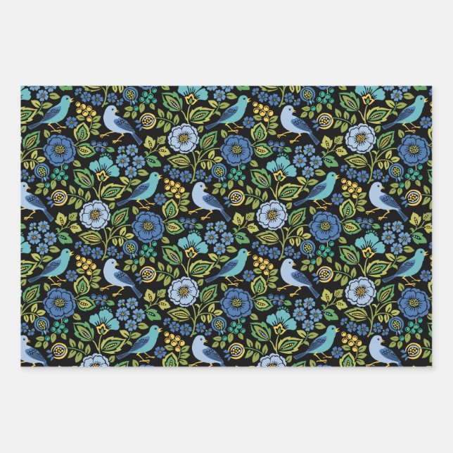 Feuille De Papier Cadeau Flore d'oiseaux bleus sur noir (Devant)