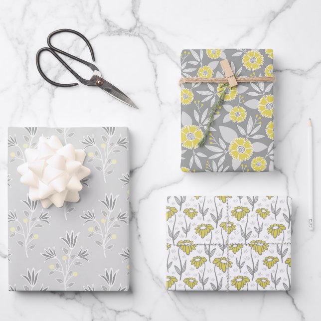 Feuille De Papier Cadeau Flore tendance gris et jaune (Recto)