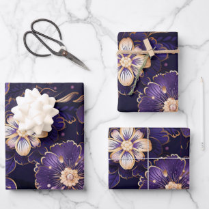 Feuille De Papier Cadeau Flore violet foncé et or Faux