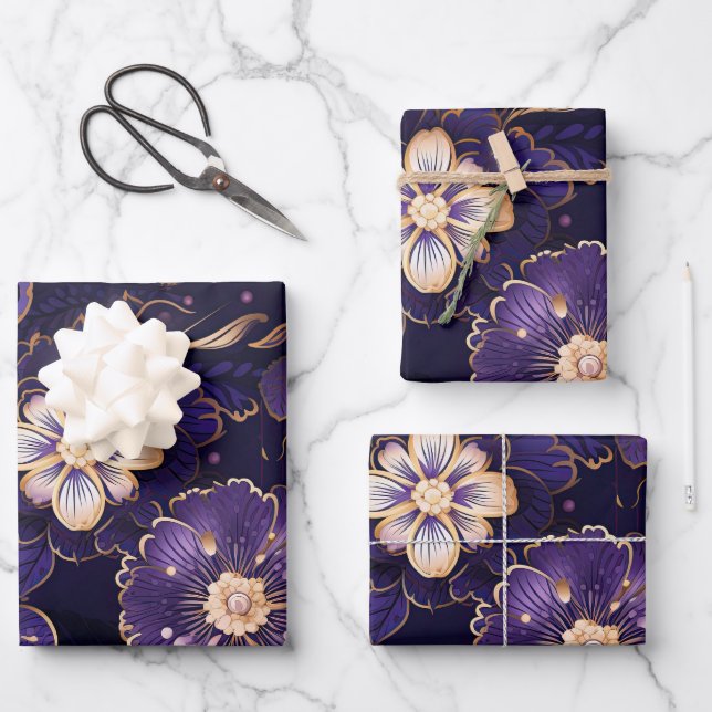 Feuille De Papier Cadeau Flore violet foncé et or Faux (Recto)
