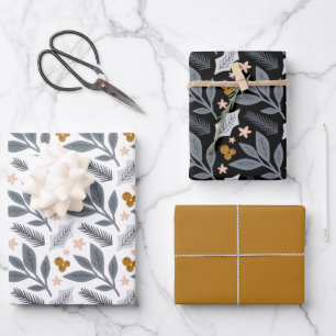 Feuille De Papier Cadeau Flores d'hiver gris et or