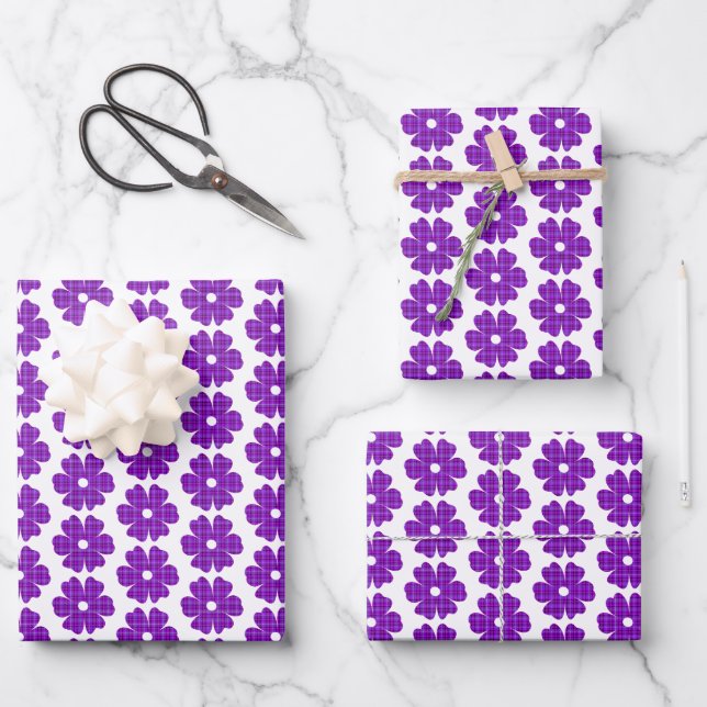 Feuille De Papier Cadeau Flower Shape Plaid Purple Pink (Recto)