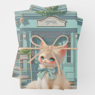Feuille De Papier Cadeau Fluffy Kitten avec Blue Bow à la pâtisserie