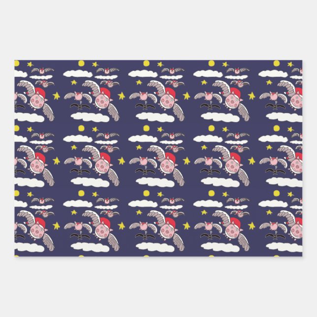 Feuille De Papier Cadeau Flying Pig Père Noël  (Devant)