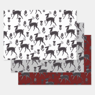 Feuille De Papier Cadeau Folk Art Black Deer Trio II