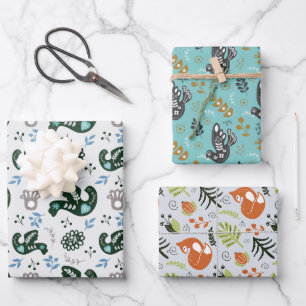 Feuille De Papier Cadeau Folk Scandy Swedish Bird Fox Set De 3