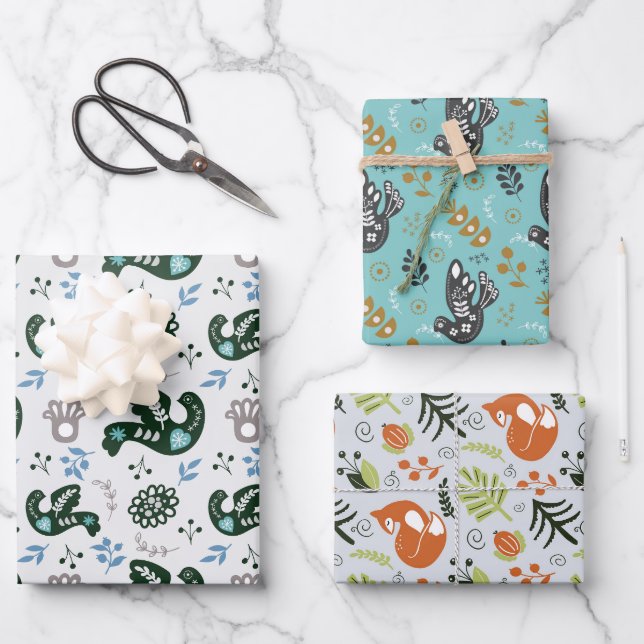 Feuille De Papier Cadeau Folk Scandy Swedish Bird Fox Set De 3 (Recto)