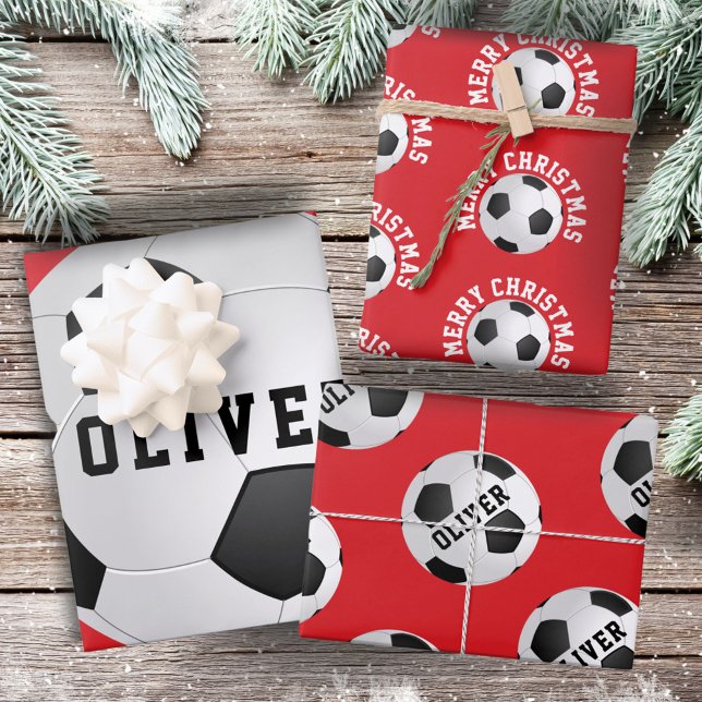 Feuille De Papier Cadeau Football Balls Enfants Nom Rouge Noël (Créateur téléchargé)