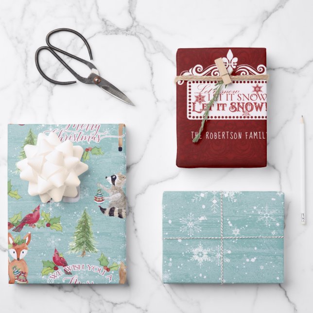 Feuille De Papier Cadeau Forêt boisée Animaux Noël Renard renard renard nei (Recto)