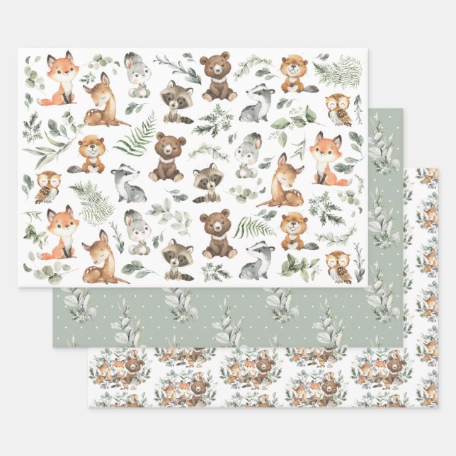 Feuille De Papier Cadeau Forêt boisée mignonne Animaux Sage Végétation (Lot)