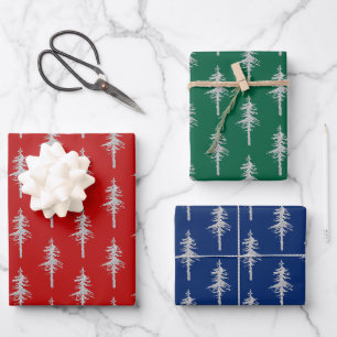 Feuille De Papier Cadeau Forêt de pins sylvestres argentés Vert Rouge Bleu