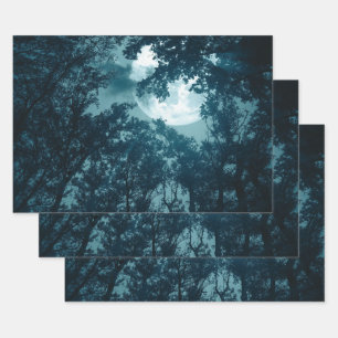 Feuille De Papier Cadeau Forêt nocturne enchanteresse avec Pleine lune