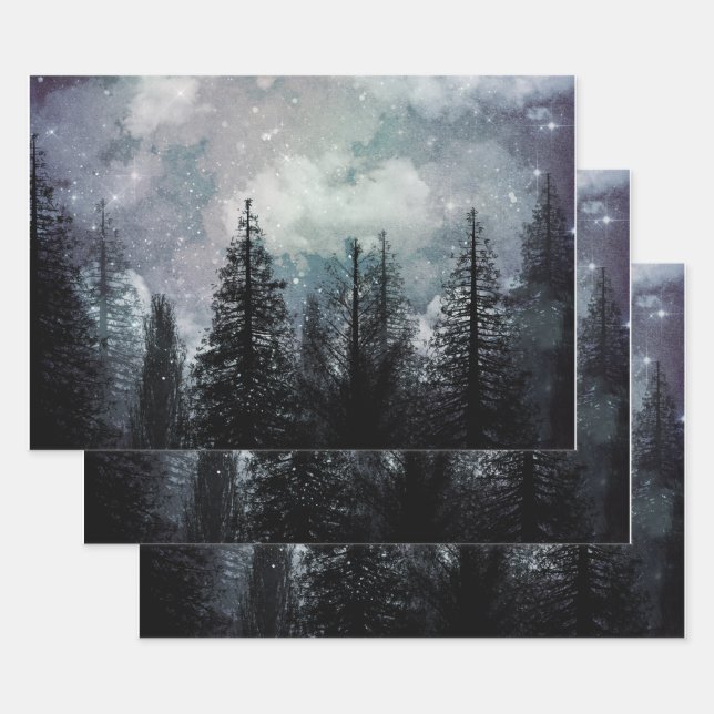 Feuille De Papier Cadeau Forêt nuageuse de pins d'hiver (Lot)