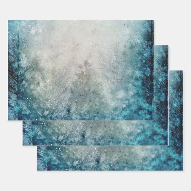 Feuille De Papier Cadeau Forêt turquoise de pins d'hiver (Lot)
