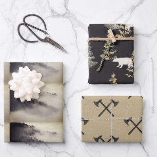 Feuille De Papier Cadeau Forêts, axes, montagnes noir et enveloppement de p