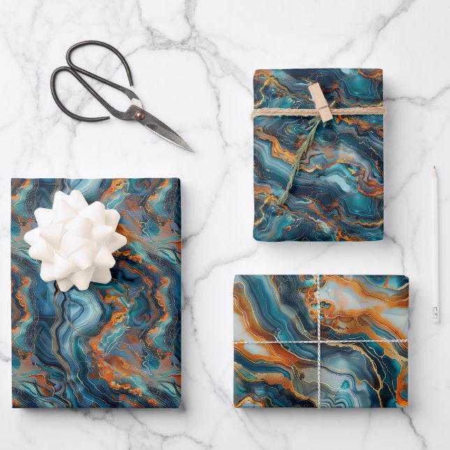 Feuille De Papier Cadeau Formations géologiques fluides avec des bleus vibr (Recto)