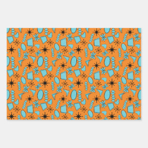 Feuille De Papier Cadeau Formes atomiques MCM Turquoise sur orange