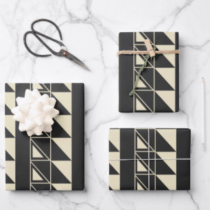 Feuille De Papier Cadeau Formes géométriques Art déco vintage noir et blanc