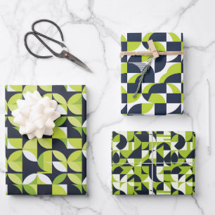 Feuille De Papier Cadeau Formes géométriques en vert citron et bleu marine
