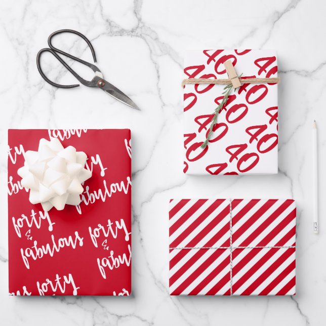 Feuille De Papier Cadeau Forty & Fabulous - Fun Red 40th Birthday (Recto)
