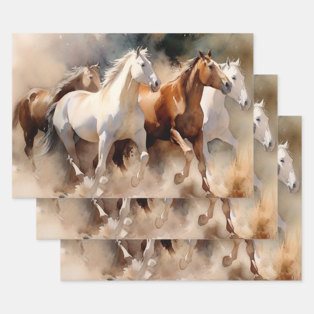 Feuille De Papier Cadeau "Four Galloping Mustangs" Aquarelle Occidentale Du (Lot)