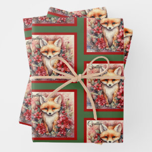 Feuille De Papier Cadeau Fox Cute Christmas Ajouter un nom Floral